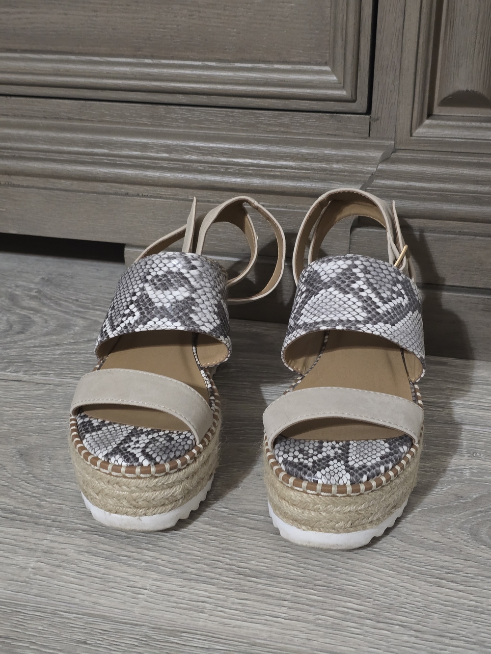 Soda Beige and Gray Snake-Print Espadrille Platform Sandals